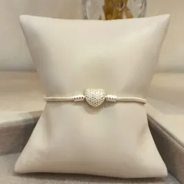 PULSEIRA PRATA PANDORA FECHO CORAÇÃO CRAVEJADO 19CM