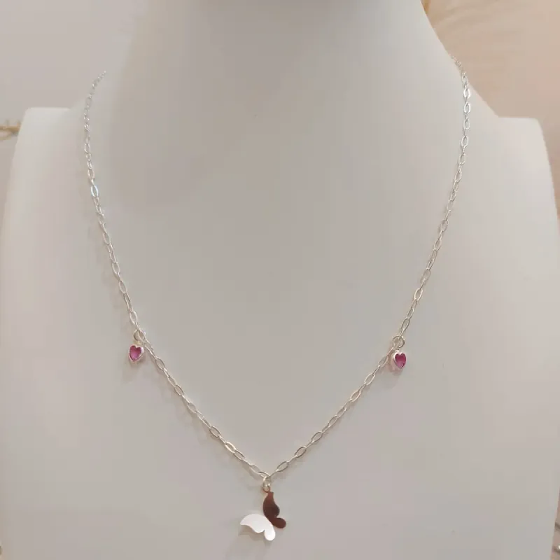 CHOKER PRATA BORBOLETA E ZIRCÔNIAS ROSAS