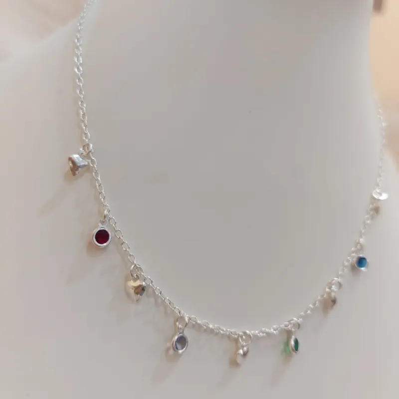 CHOKER PRATA PINGENTES CORAÇÕES E ZIRCÔNIAS COLORS