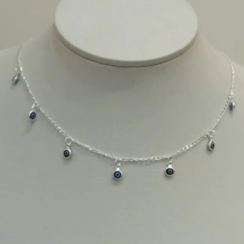 CHOKER PRATA OLHO GREGO PINGENTES