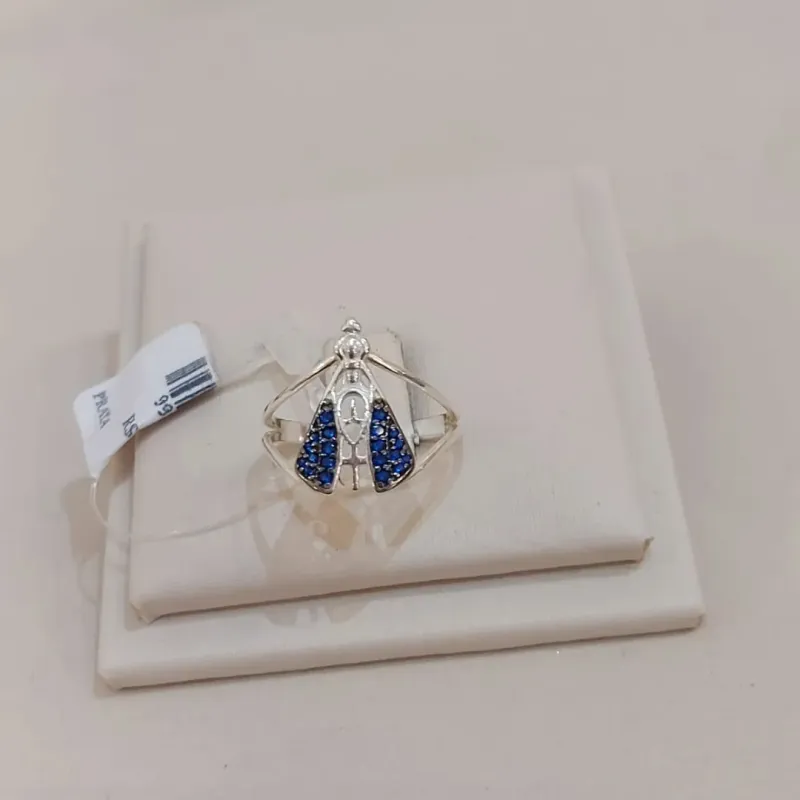 ANEL PRATA NOSSA SENHORA APARECIDA CRAVEJADO AZUL M