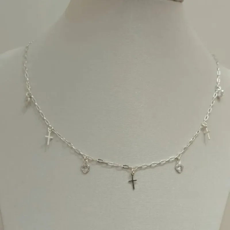 CHOKER PRATA CRUZ E CORAÇÕES ZIRCÔNIAS