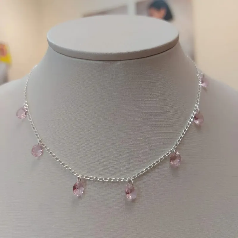 CHOKER PRATA COM GOTA DE ZIRCÔNIA ROSA