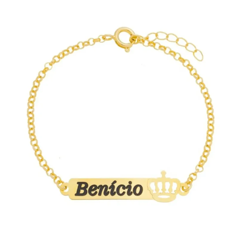 PULSEIRA INFANTIL ELO PORTUGUÊS COM PLAQUINHA E COROA (11CM)