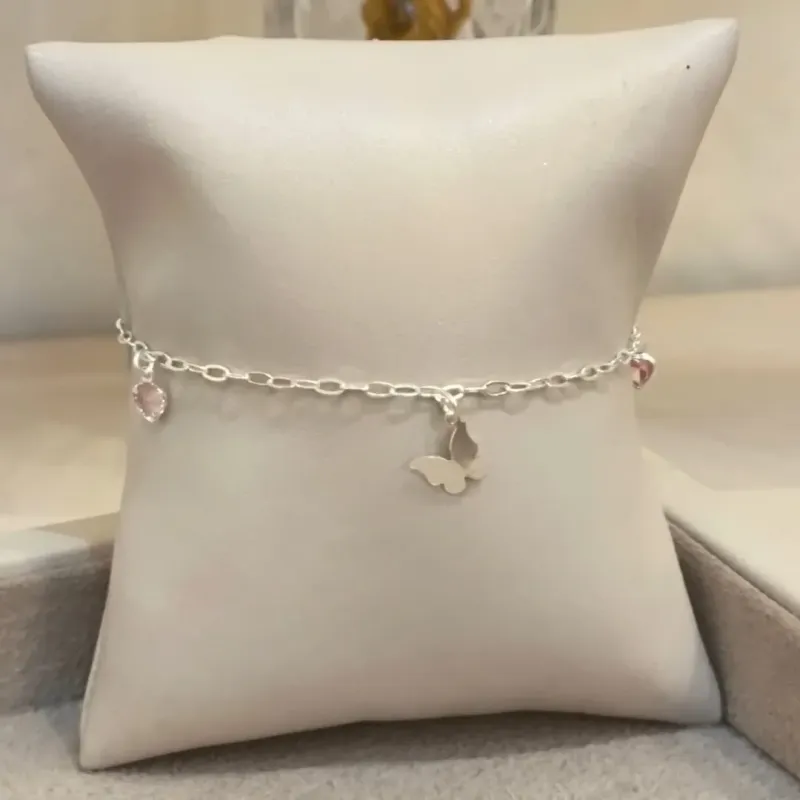 PULSEIRA PRATA BORBOLETA E ZIRCÔNIAS CORAÇÃO ROSA