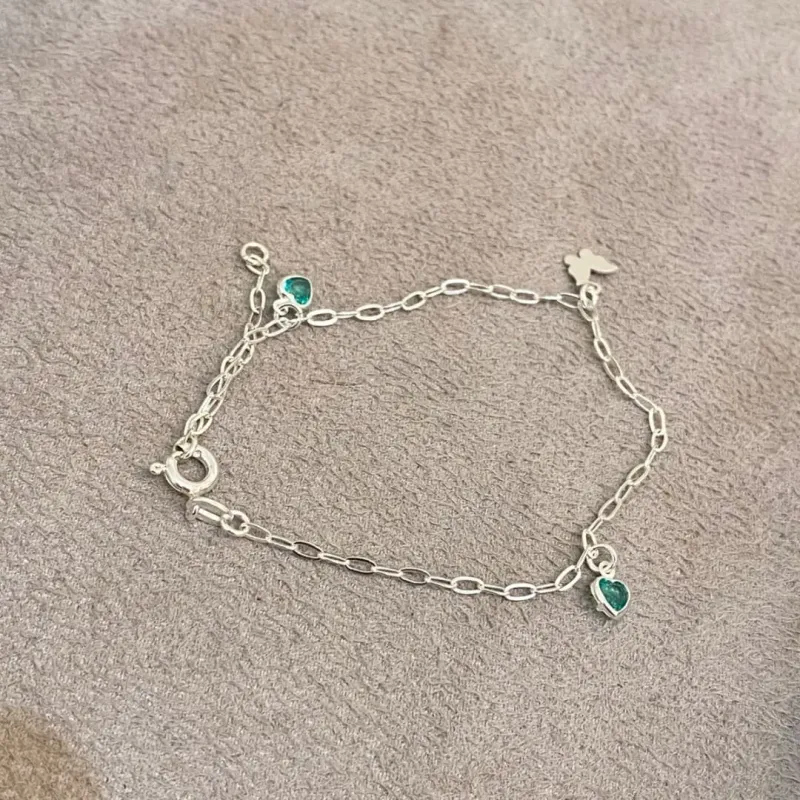 PULSEIRA PRATA CORAÇÕES TURMALINA E BORBOLETA