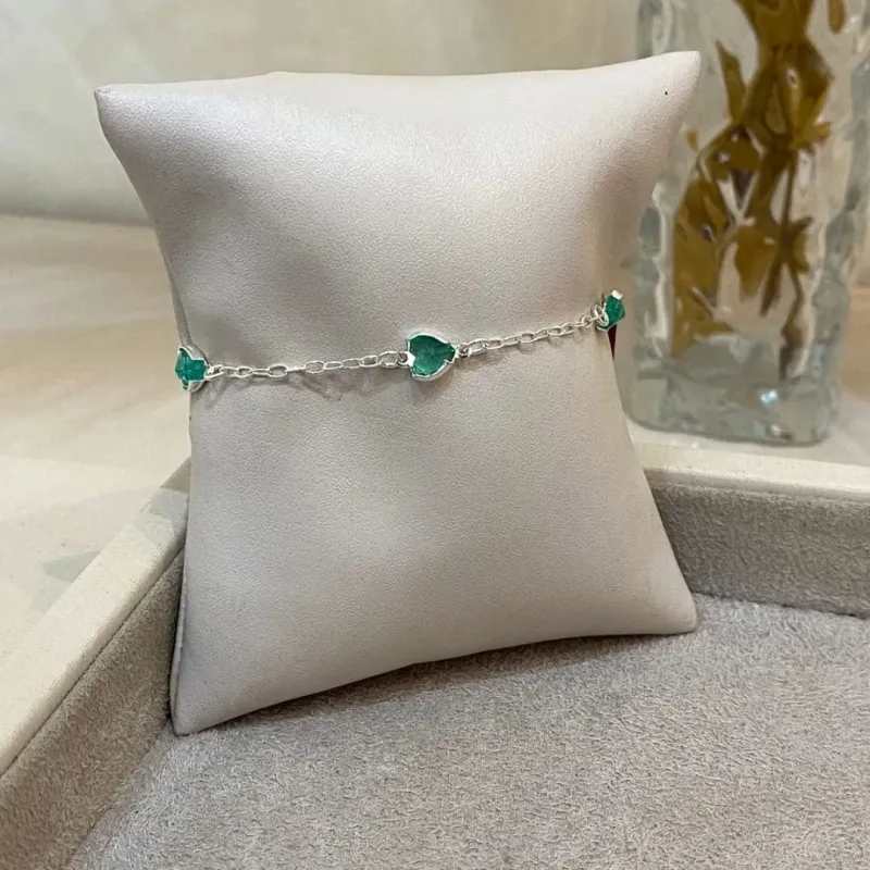 PULSEIRA PRATA CORAÇÕES ZIRCONIAS VERDE