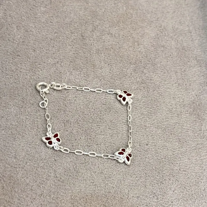 PULSEIRA PRATA INFANTIL BORBOLETAS VERMELHAS