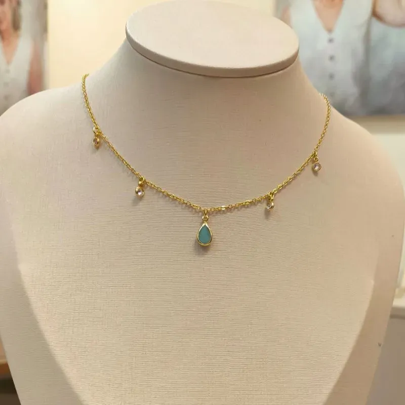 CHOKER BOHO CHIC ZIRCÔNIAS E GOTA TURQUESA 35CM