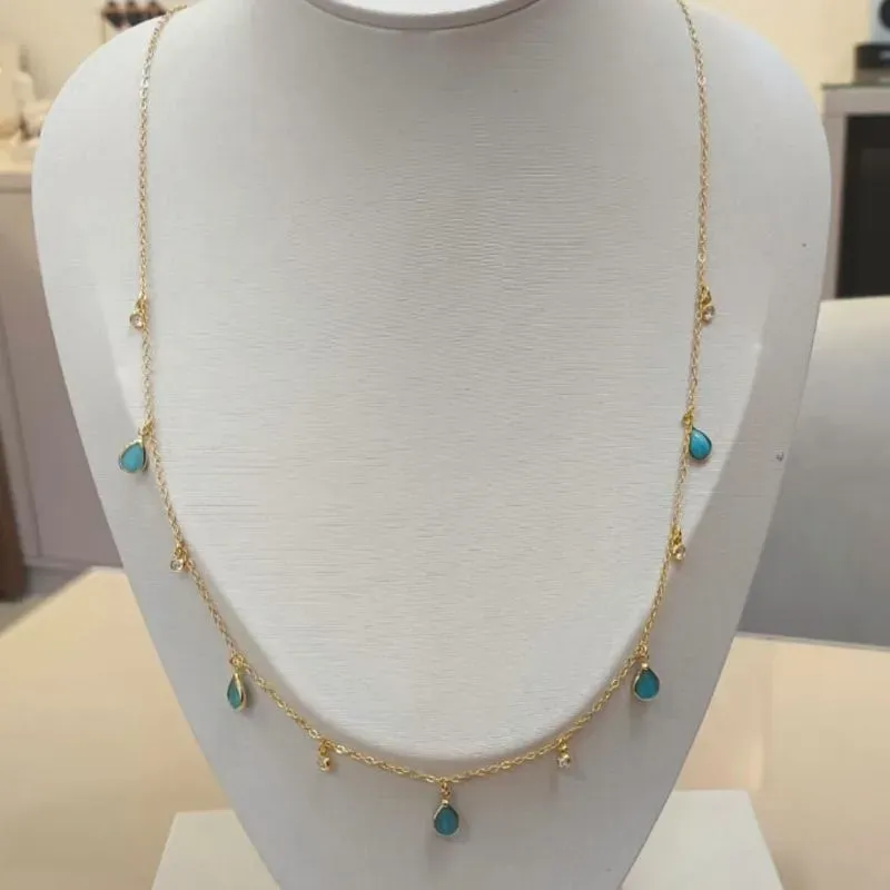COLAR LONGO BOHO CHIC ZIRCÔNIAS E GOTA TURQUESA 60CM