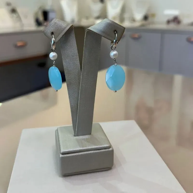 ARGOLA PRATA PÉROLA E PEDRA NATURAL AZUL OVAL