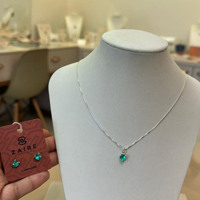 CONJUNTO PRATA CORAÇÃO ZIRCÔNIA VERDE