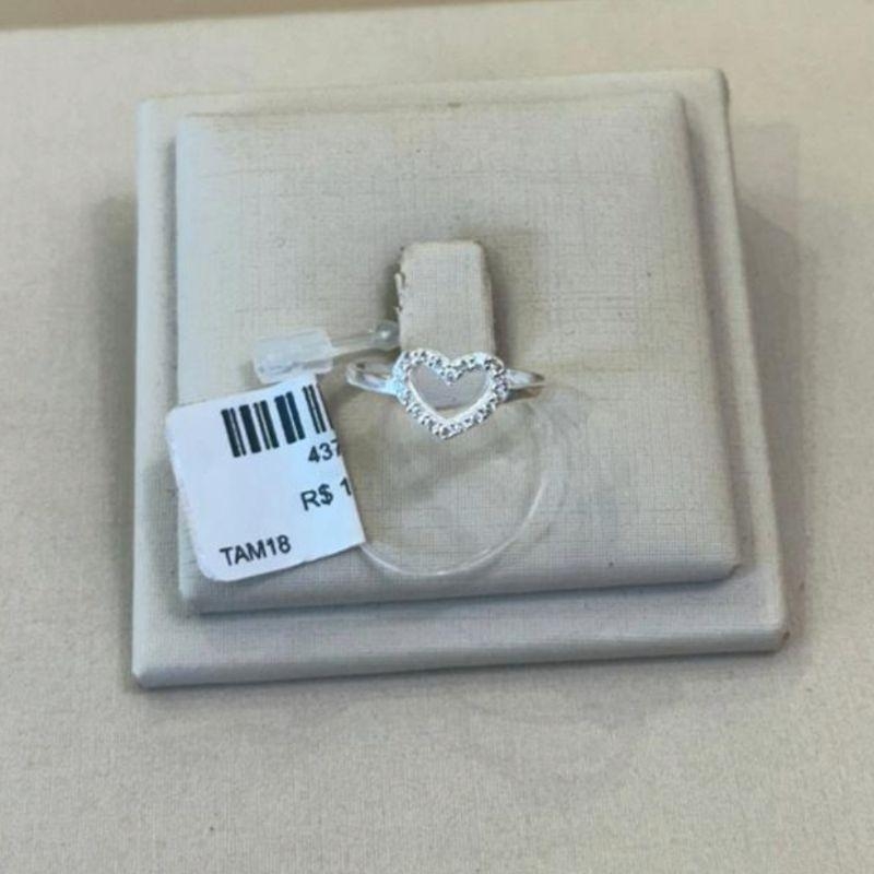 ANEL PRATA LISO CORAÇÃO CRAVEJADO TAMANHO 18