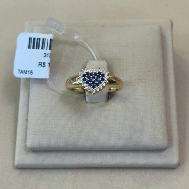 ANEL SOLITÁRIO CHUVEIRINHO CORAÇÃO AZUL MARINHO TAM 15