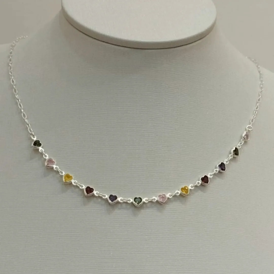 CHOKER PRATA CORAÇÕES COLORS