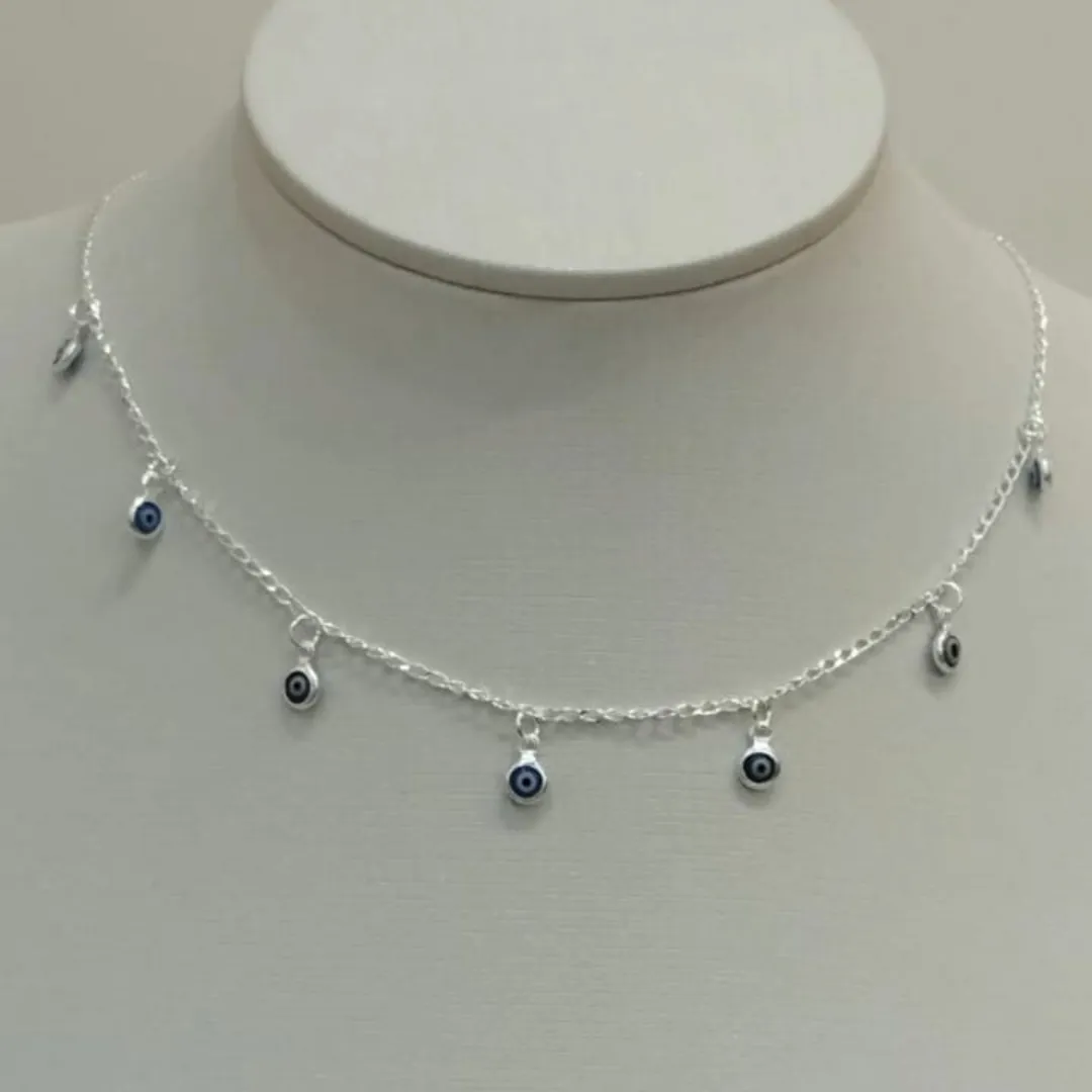 CHOKER PRATA OLHO GREGO PINGENTES