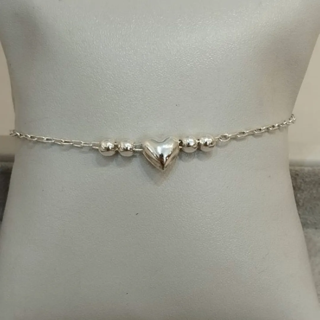PULSEIRA PRATA CORAÇÃO E BOLINHAS