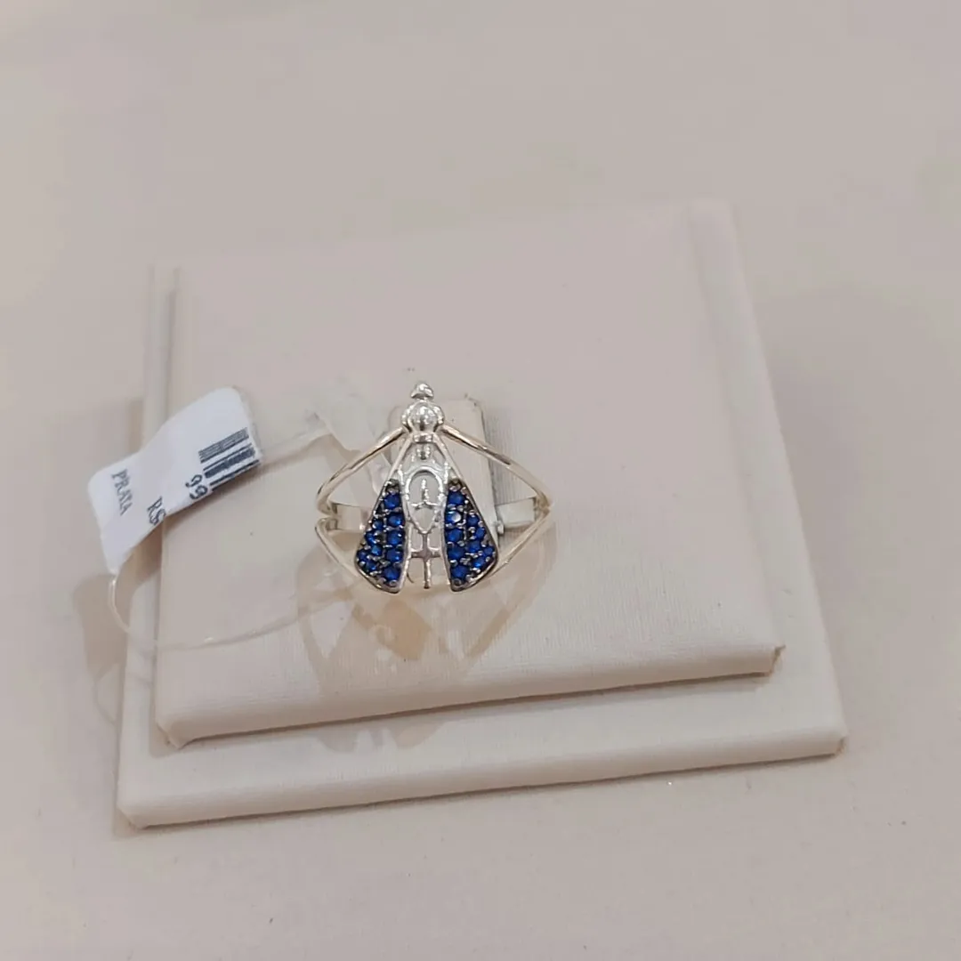 ANEL PRATA NOSSA SENHORA APARECIDA CRAVEJADO AZUL M