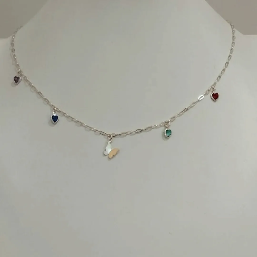 CHOKER PRATA BORBOLETA E ZIRCÔNIAS COLORIDAS