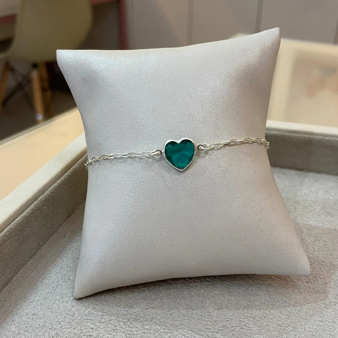 PULSEIRA PRATA CORAÇÃO VERDE ESMERALDA