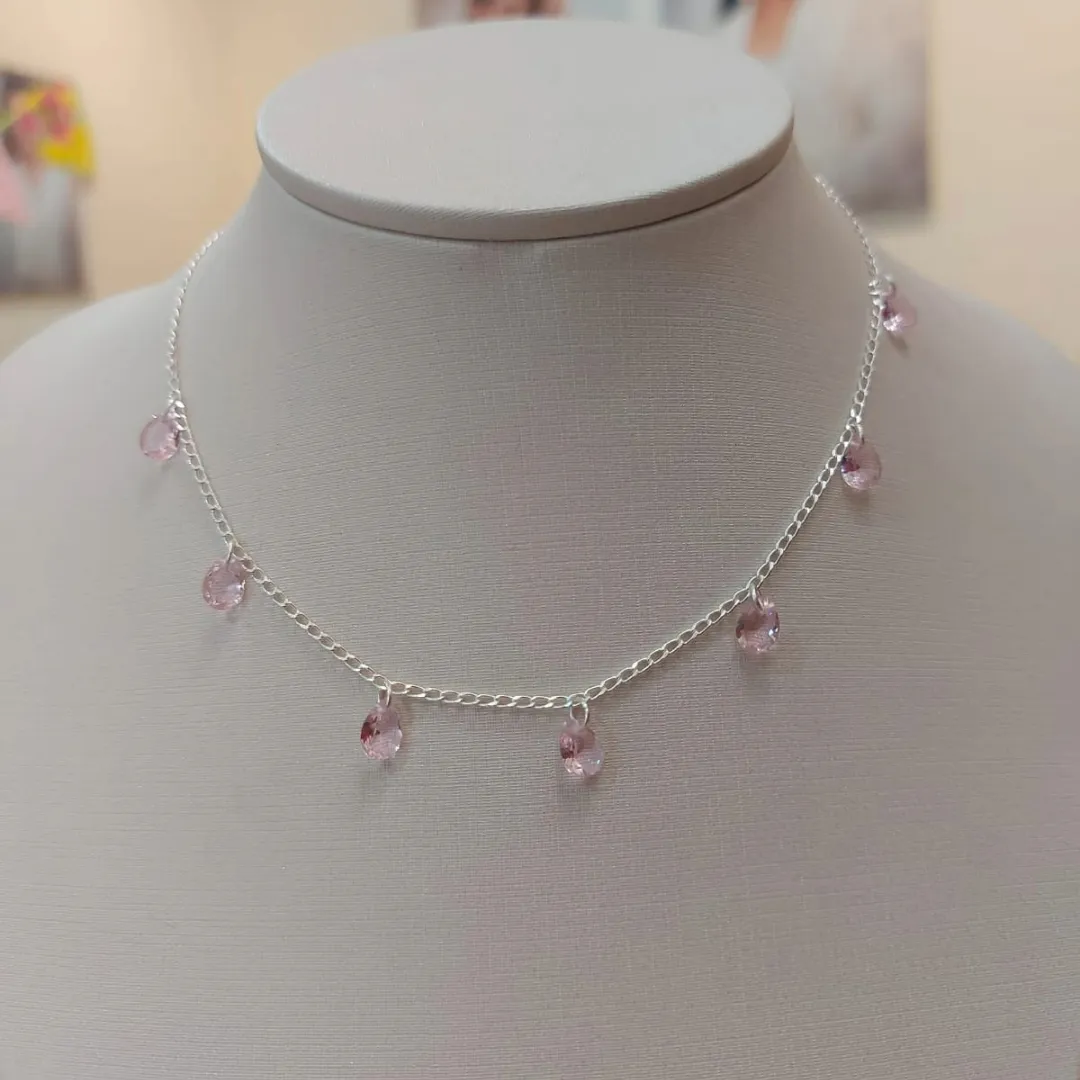 CHOKER PRATA COM GOTA DE ZIRCÔNIA ROSA