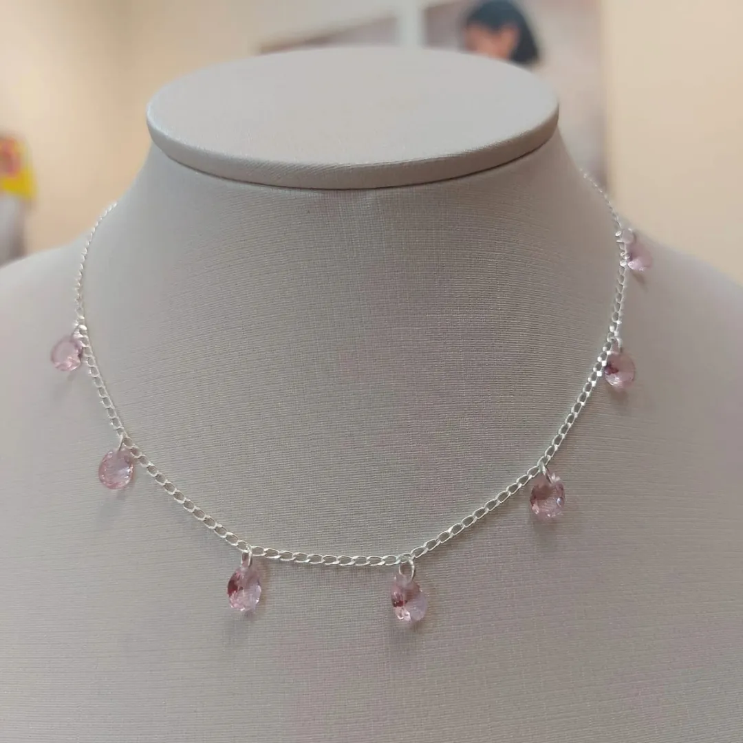 CHOKER PRATA COM GOTA DE ZIRCÔNIA ROSA