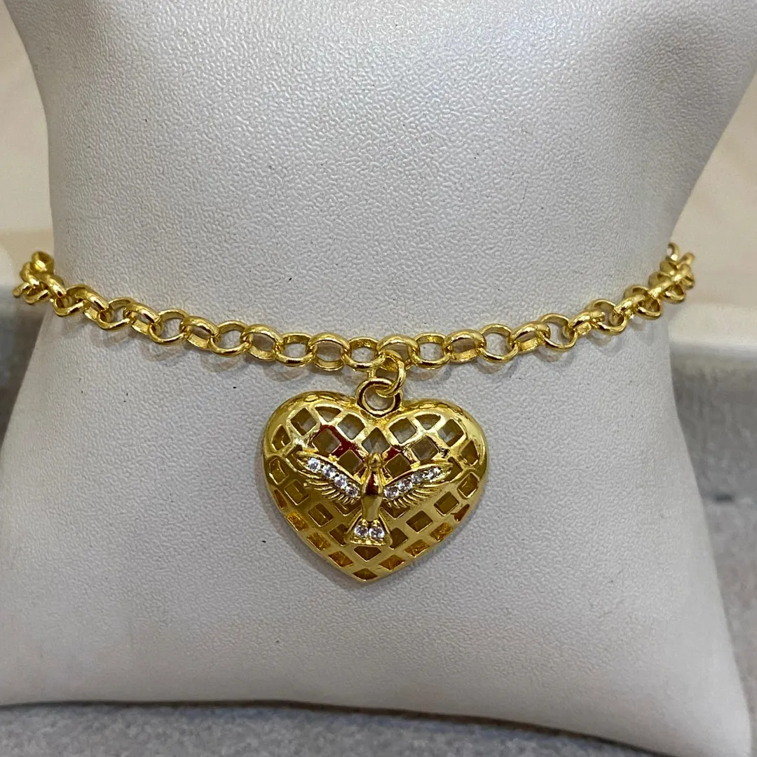 PULSEIRA ELO PORTUGUÊS COM PINGENTE CORAÇÃO ESPÍRITO SANTO