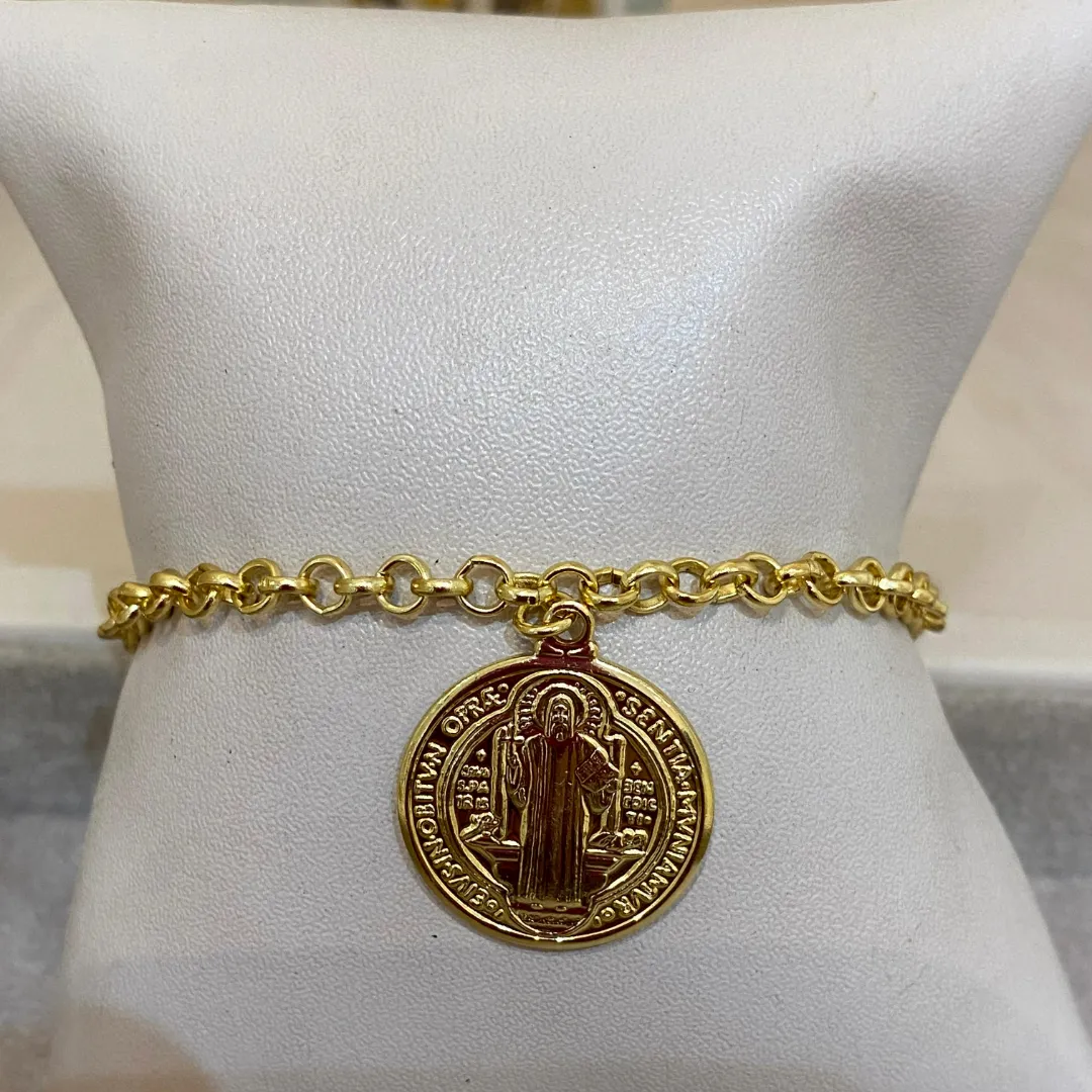 PULSEIRA ELO PORTUGUÊS COM MEDALHA DE SÃO BENTO GRANDE
