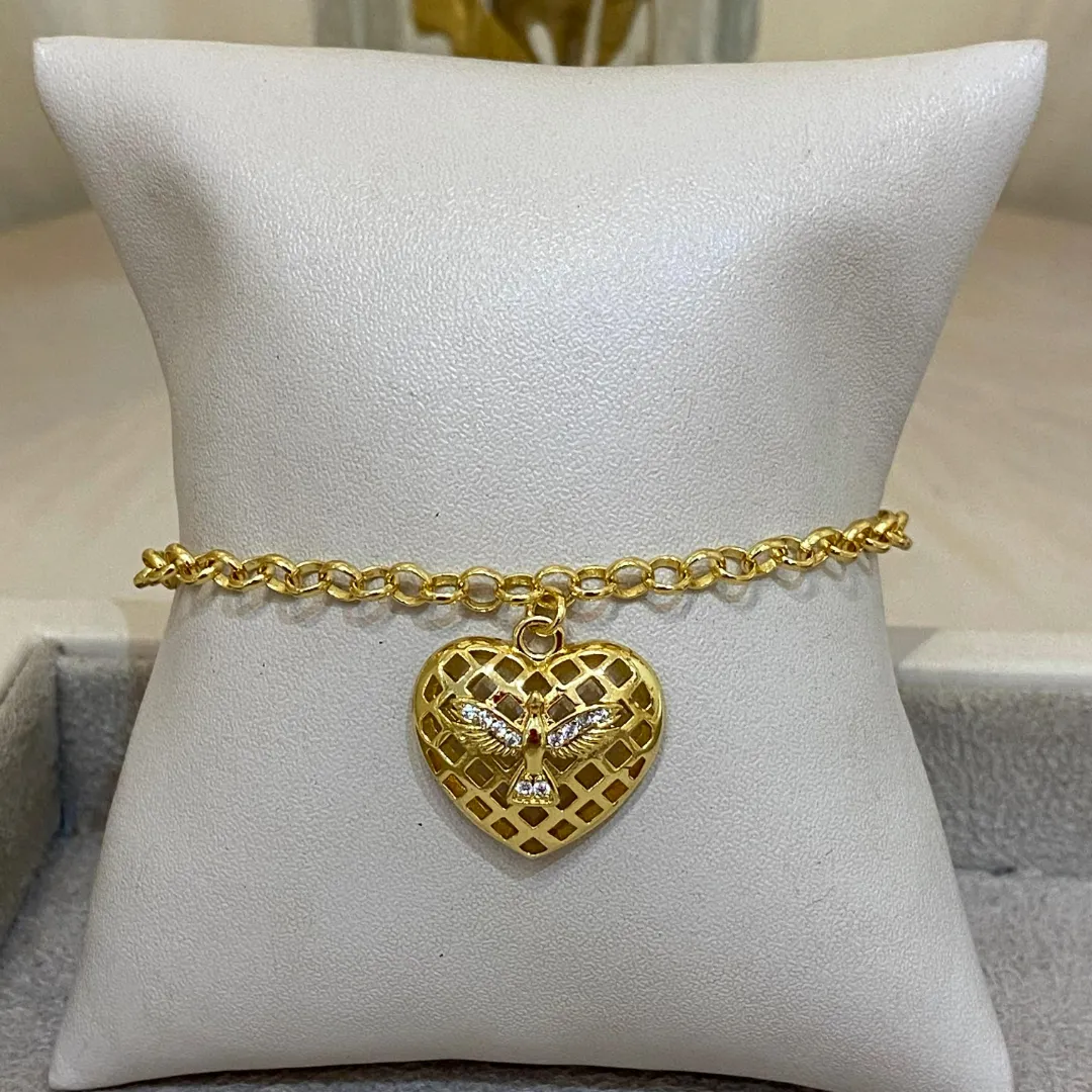 PULSEIRA ELO PORTUGUÊS COM PINGENTE CORAÇÃO ESPÍRITO SANTO