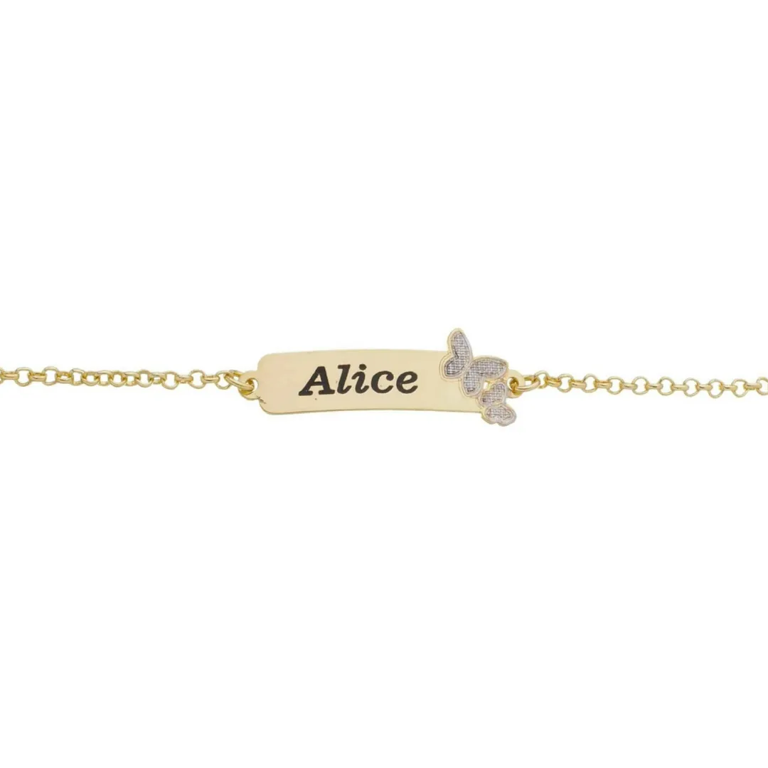 PULSEIRA INFANTIL ELO PORTUGUÊS COM PLAQUINHA E BORBOLETAS (11CM)