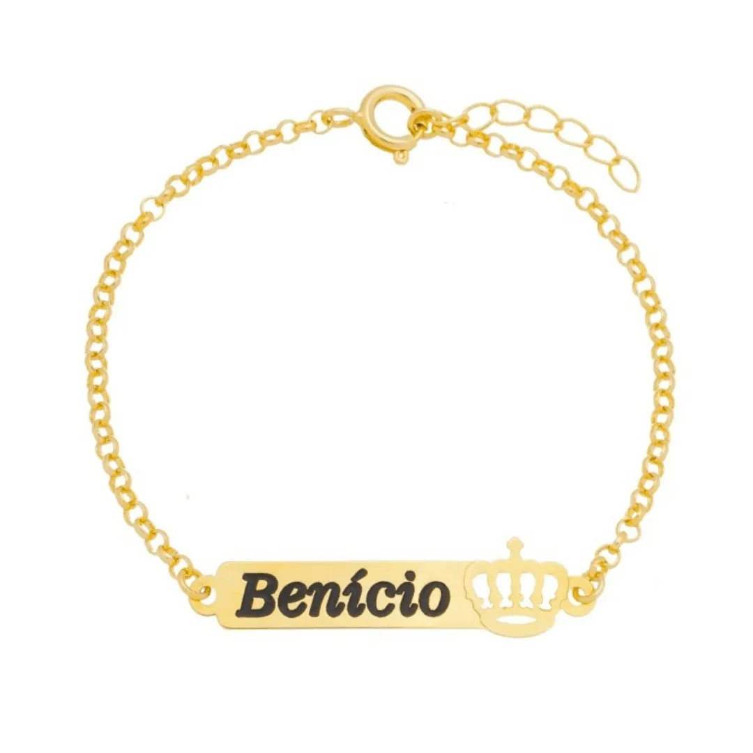 PULSEIRA INFANTIL ELO PORTUGUÊS COM PLAQUINHA E COROA (11CM)