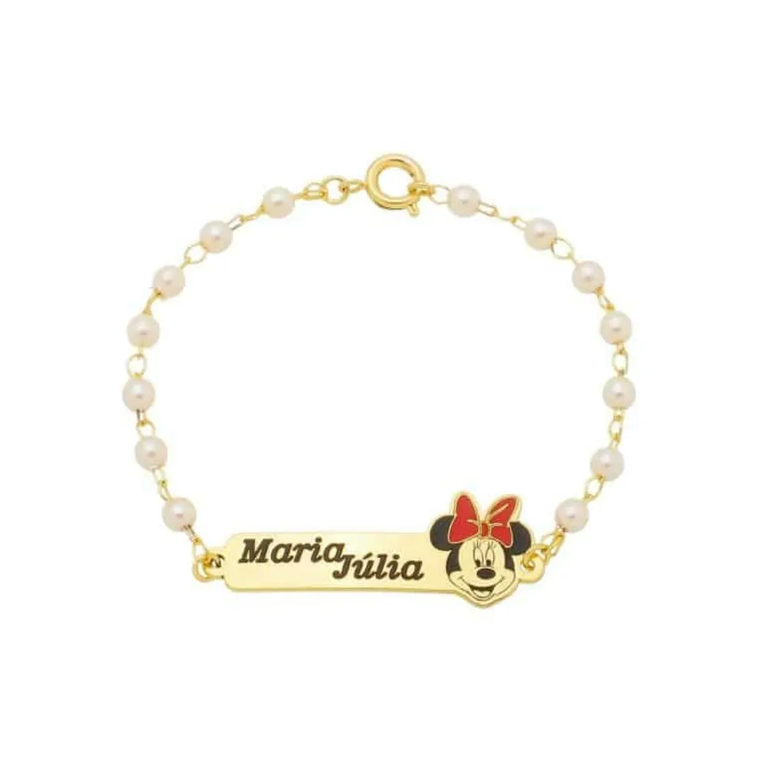 PULSEIRA INFANTIL PÉROLAS COM PLAQUINHA MINNIE (11CM)