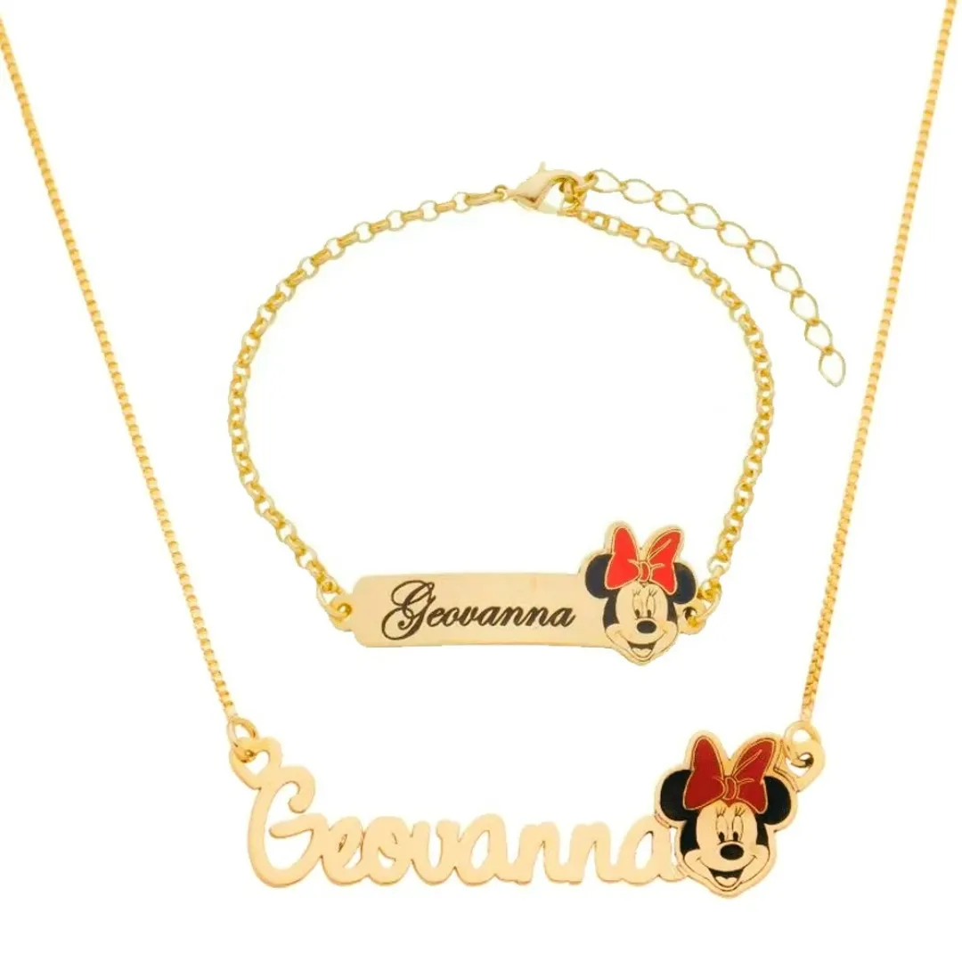 CONJUNTO INFANTIL PULSEIRA E COLAR COM GRAVAÇÃO E PERSONAGEM (FEMININO/MASCULINO)