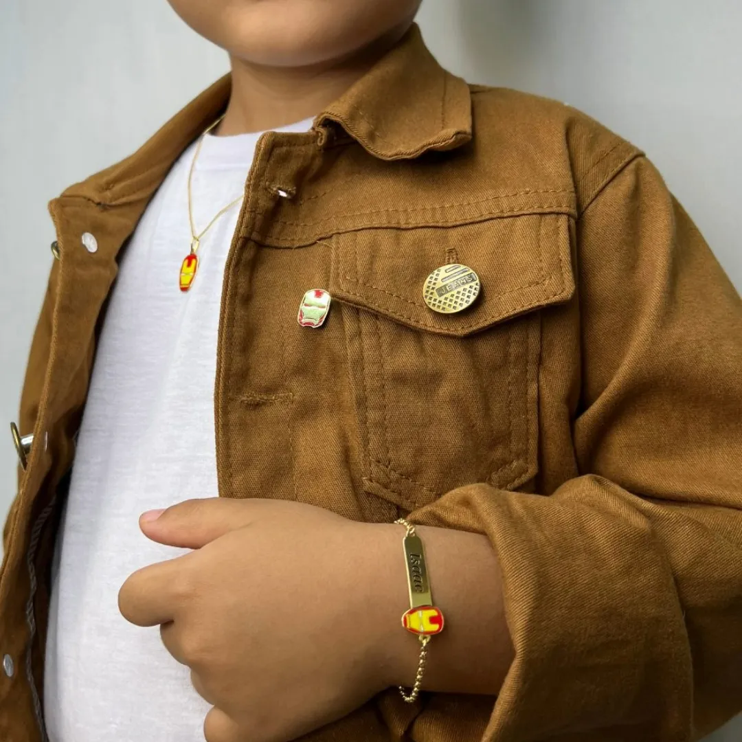 CONJUNTO INFANTIL PULSEIRA E COLAR COM GRAVAÇÃO E PERSONAGEM (MASCULINO)