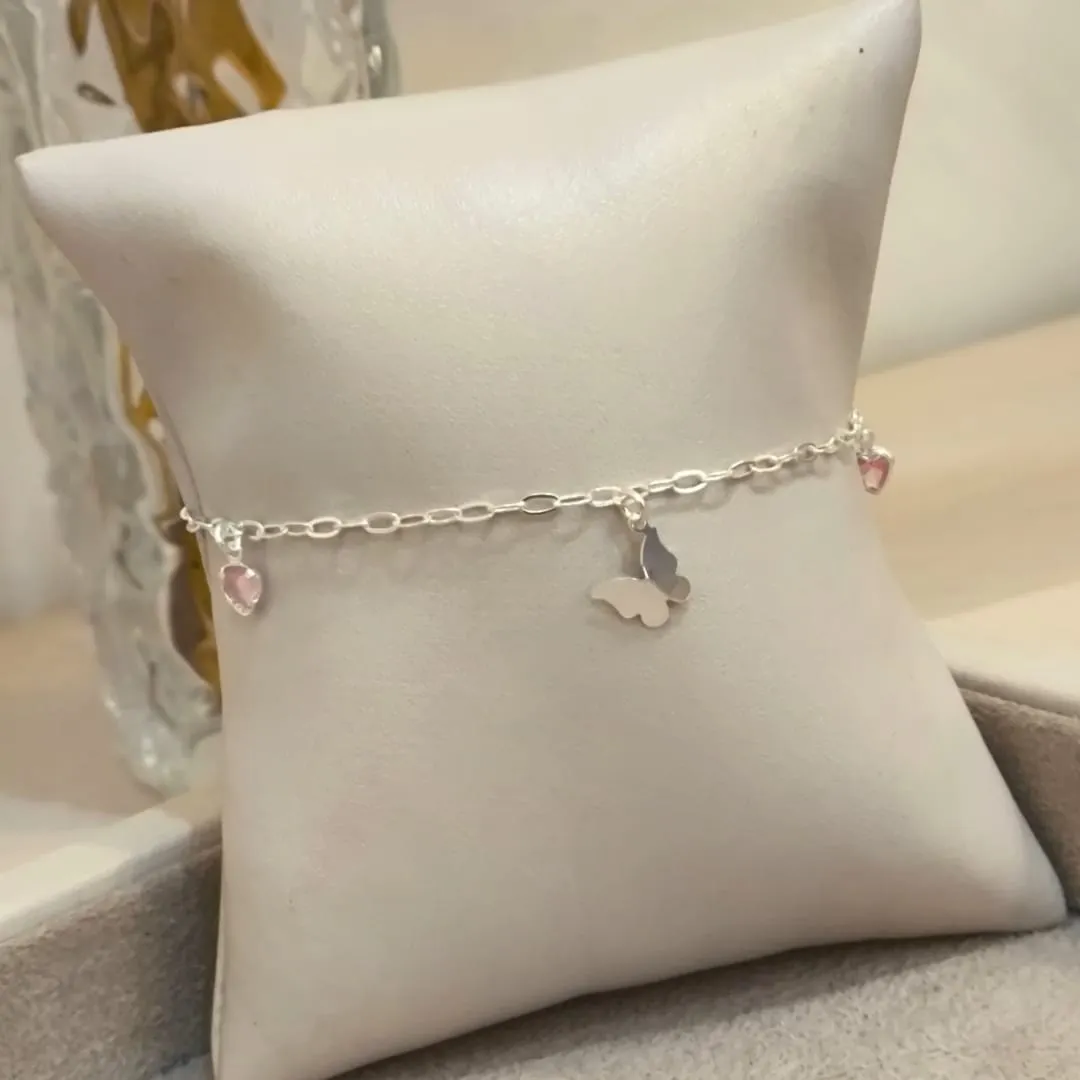 PULSEIRA PRATA BORBOLETA E ZIRCÔNIAS CORAÇÃO ROSA