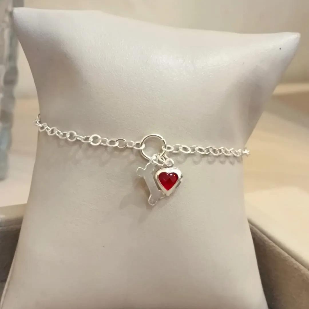 PULSEIRA PRATA CORAÇÃO VERMELHO E OSSINHO DOG