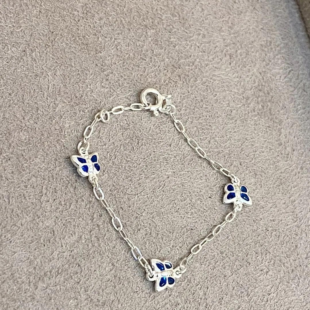 PULSEIRA PRATA INFANTIL BORBOLETAS AZUIS
