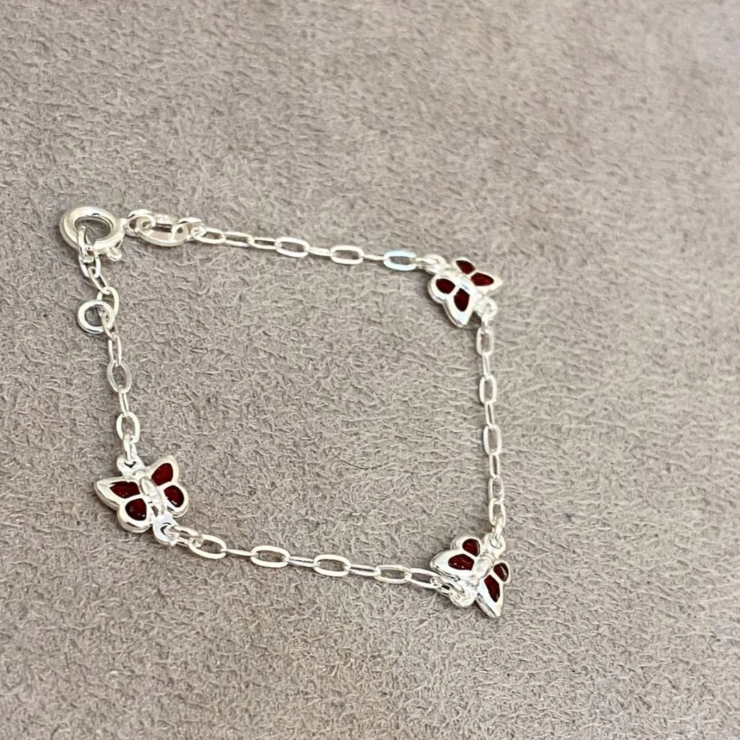 PULSEIRA PRATA INFANTIL BORBOLETAS VERMELHAS