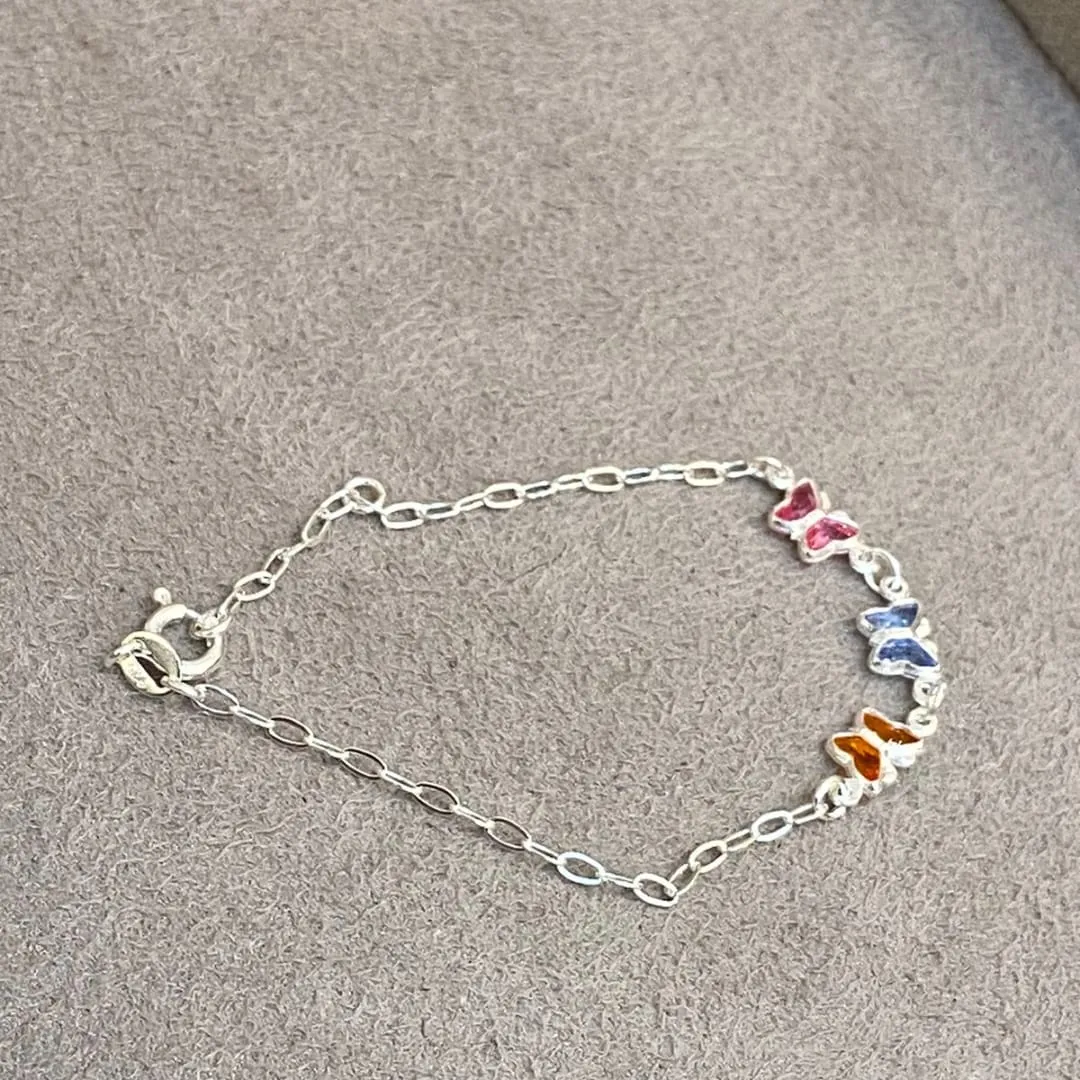 PULSEIRA PRATA INFANTIL BORBOLETAS COLORIDAS