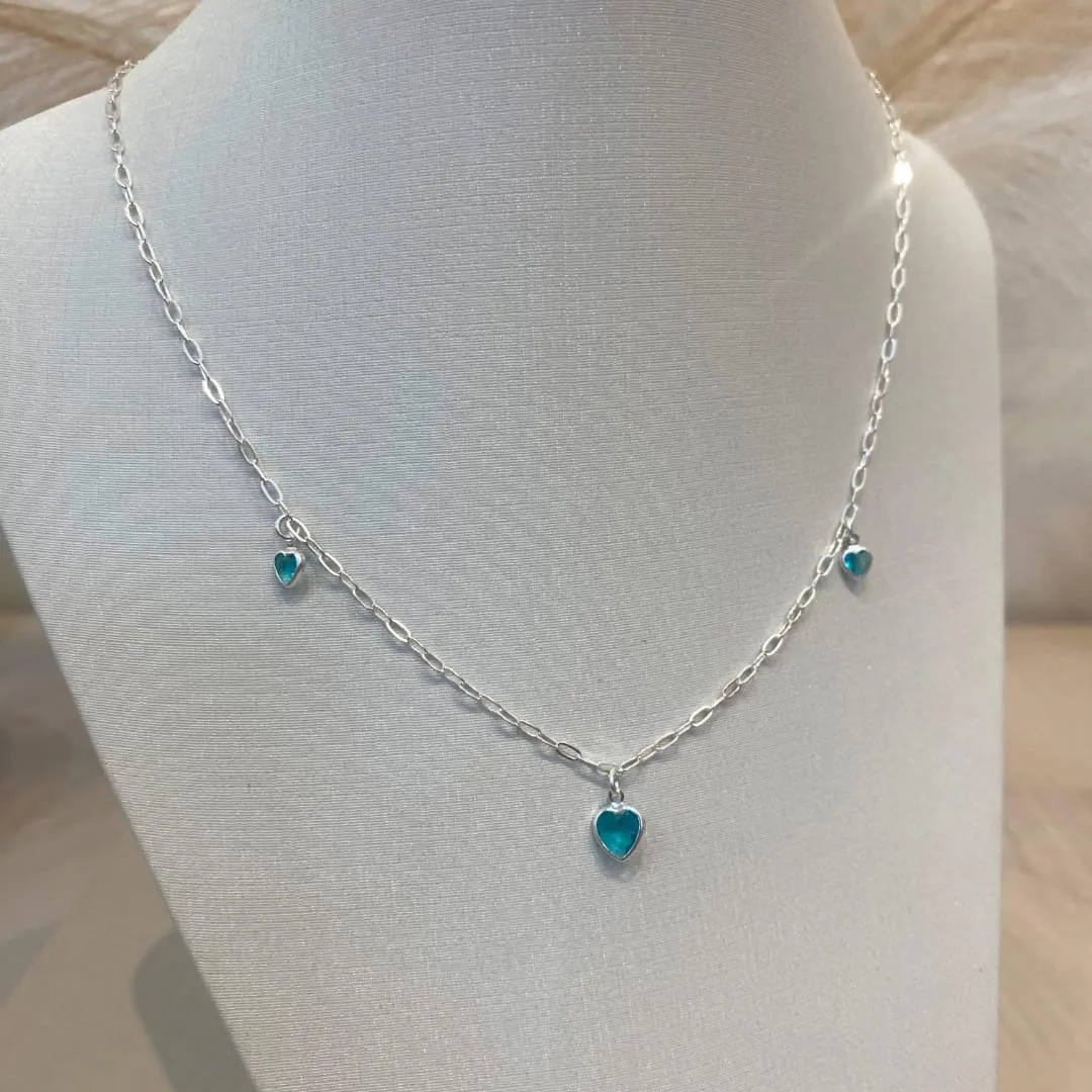 CHOKER PRATA CORAÇÕES TURMALINA AZUL