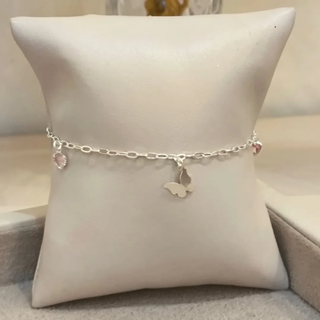 PULSEIRA PRATA BORBOLETA E ZIRCÔNIAS CORAÇÃO ROSA