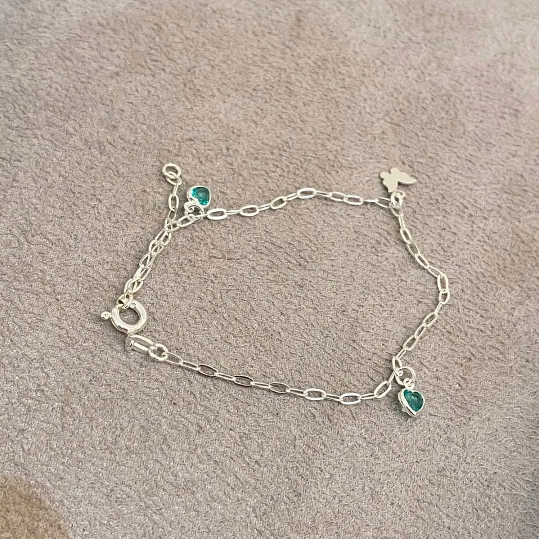 PULSEIRA PRATA CORAÇÕES TURMALINA E BORBOLETA