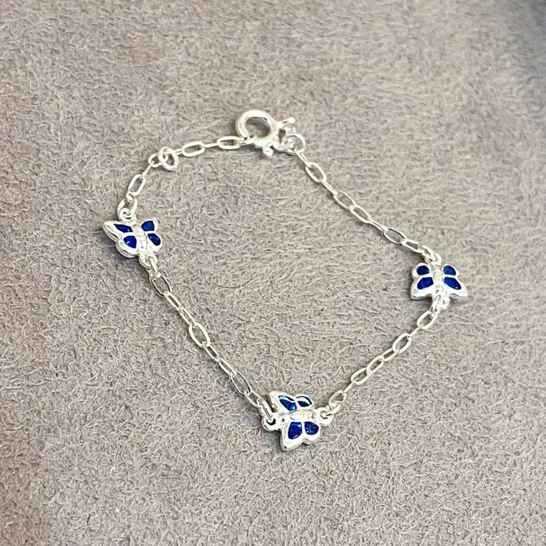 PULSEIRA PRATA INFANTIL BORBOLETAS AZUIS