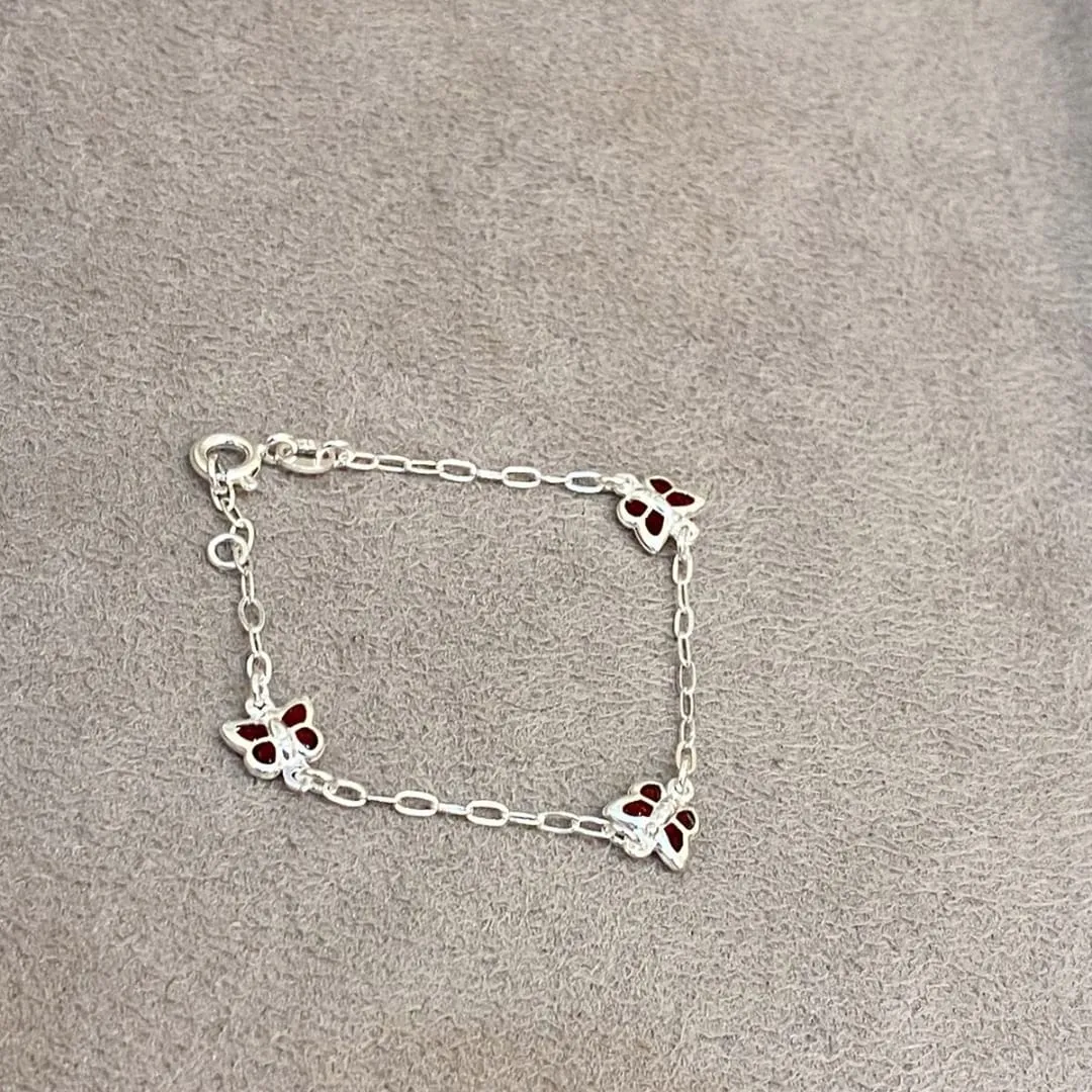 PULSEIRA PRATA INFANTIL BORBOLETAS VERMELHAS