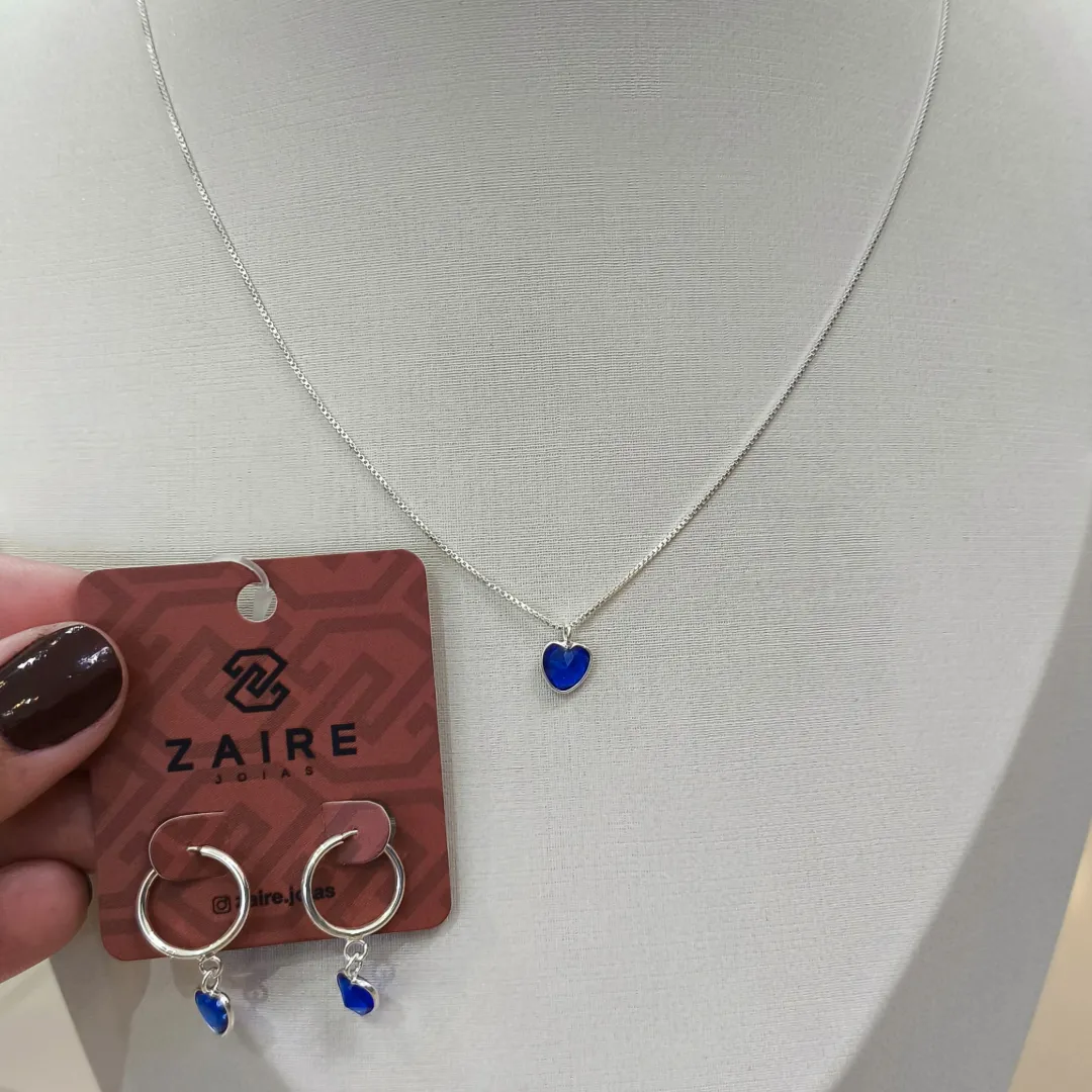 CONJUNTO PRATA CORRENTE VENEZIANA E ARGOLA C/ PINGENTE CORAÇÃO AZUL