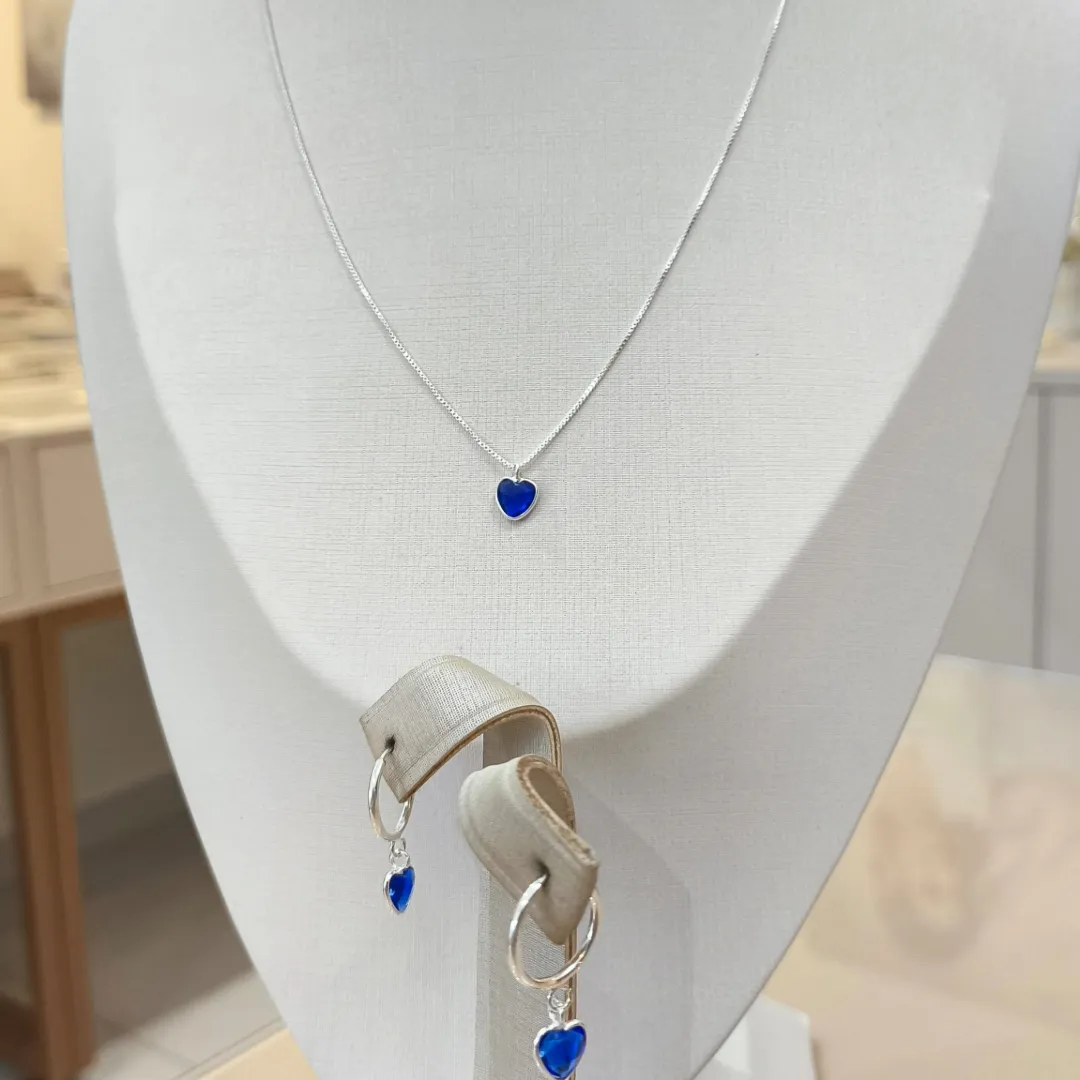 CONJUNTO PRATA CORRENTE VENEZIANA E ARGOLA C/ PINGENTE CORAÇÃO AZUL
