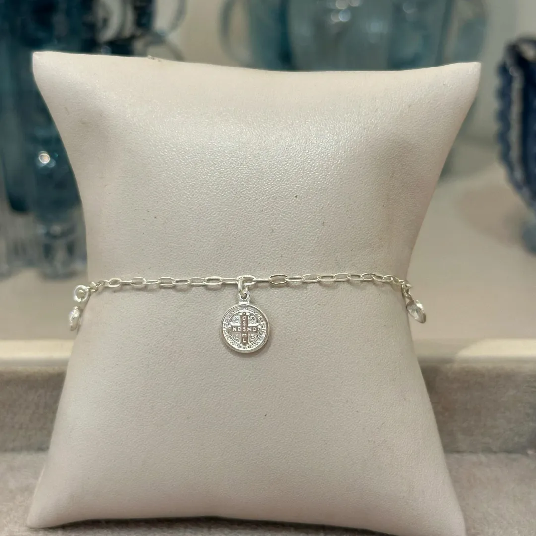PULSEIRA PRATA MEDALHA DE SÃO BENTO COM CORAÇÃO