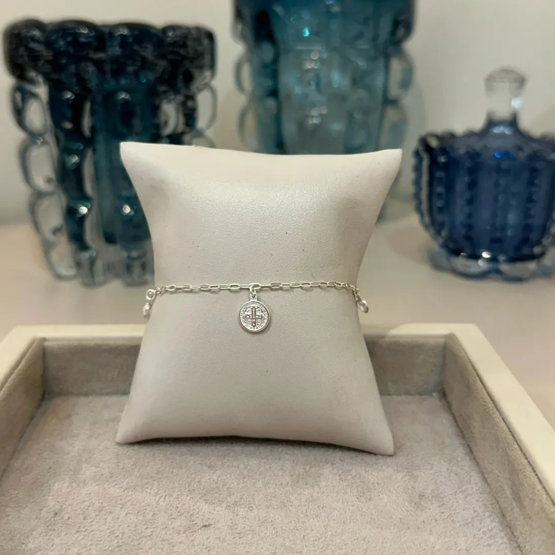 PULSEIRA PRATA MEDALHA DE SÃO BENTO COM CORAÇÃO