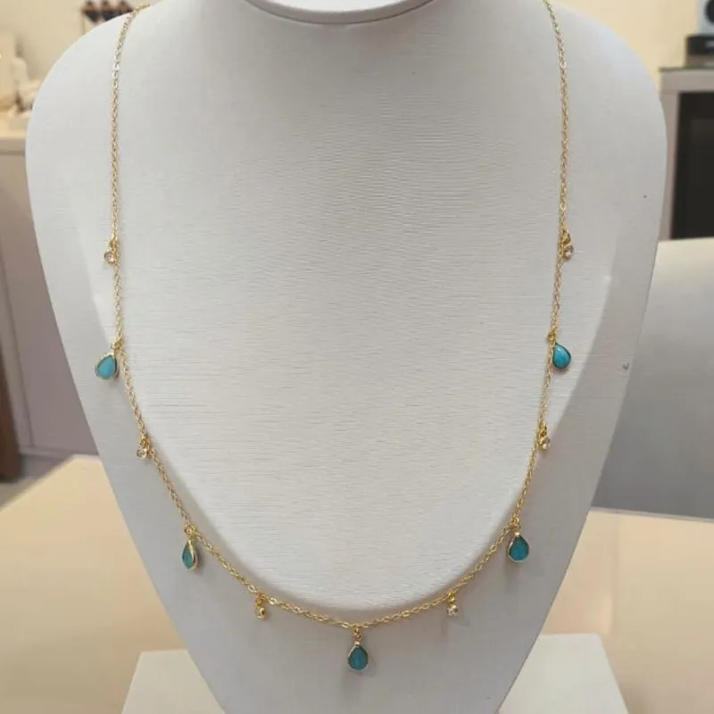COLAR LONGO BOHO CHIC ZIRCÔNIAS E GOTA TURQUESA 60CM