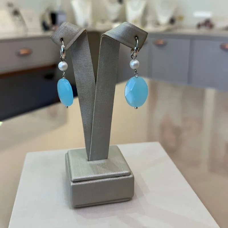 ARGOLA PRATA PÉROLA E PEDRA NATURAL AZUL OVAL